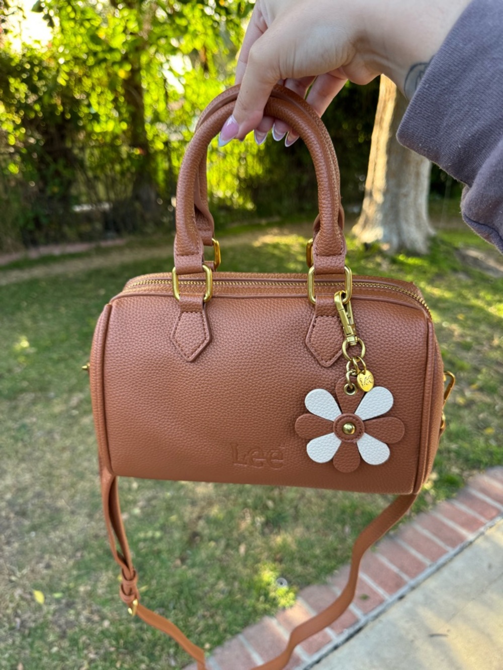 Lee Brown Pebbled Satchel with White & Brown Flower Charm